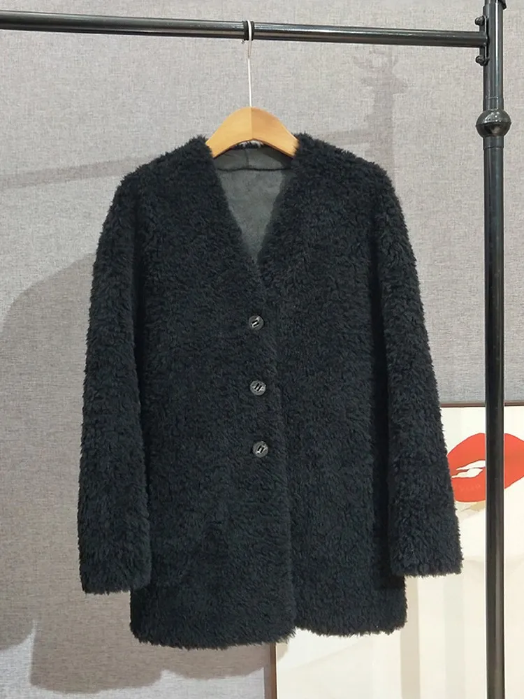 الشتاء سيدة تنوعا فضفاض معطف الصوف الحقيقي الخامس الرقبة القرن زر عادية كم طويل ملابس خارجية الأغنام القص المرأة الدفء سترة #5