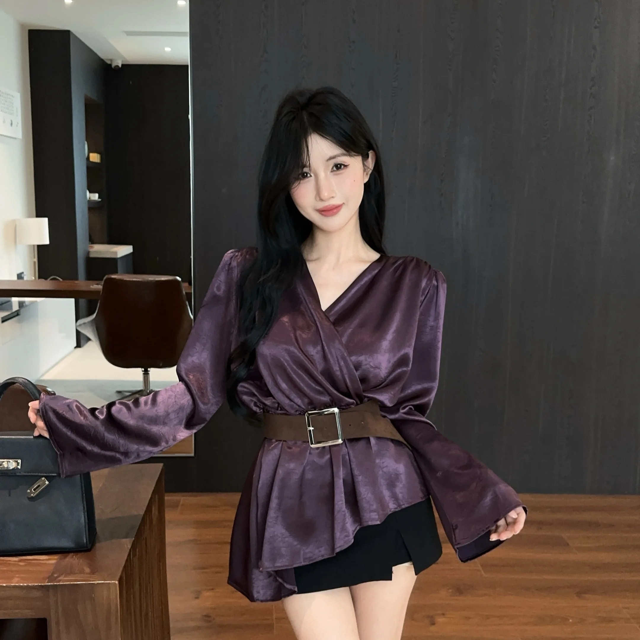 

Purple Silk Long Sve irt Women's Autumn Faion Irregular Design White Enhancing Belted Top Ele Sle Casual Wear