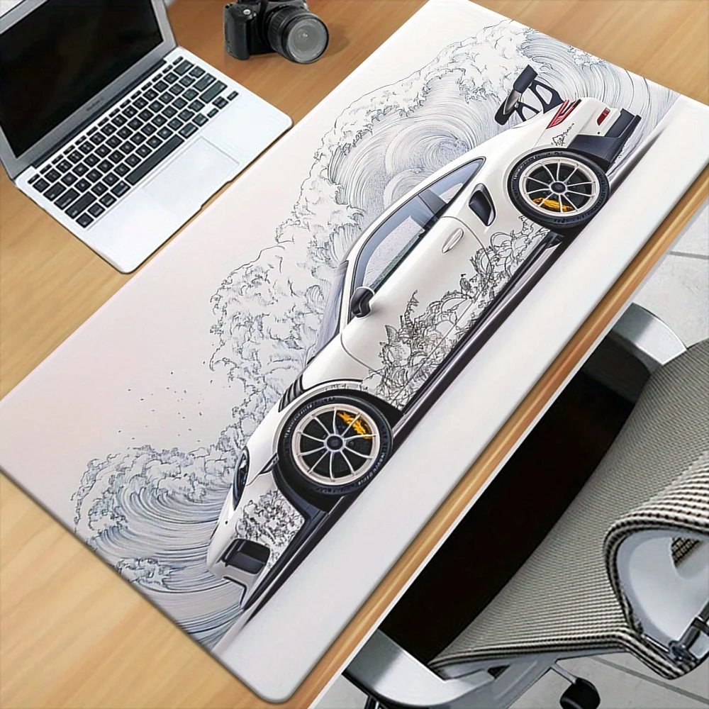 

White Japan Wave Car Mouse Pad Large Rubber Base Anti-slip Desk Accessories Mousepad for Offices & Gamer Keyboard Mats Decor Mat