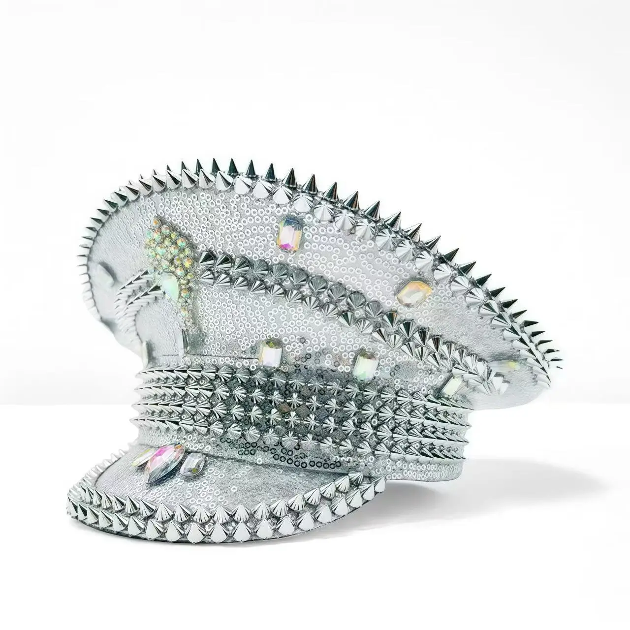 HongLuan Yellow Laser Leather Loop Captain Hat Rhinestone & Military Caps for Woman, Rave Festivals Accessories ＆ Party Cap Man