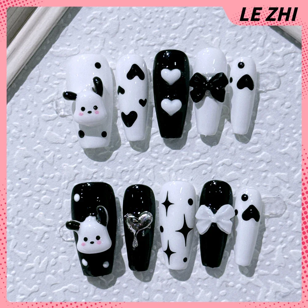 10Pcs Handmade Hello Kitty False Nails Cute Cartoon Girls Halloween Series Product Wearable Nails with Accessories Party Sticker