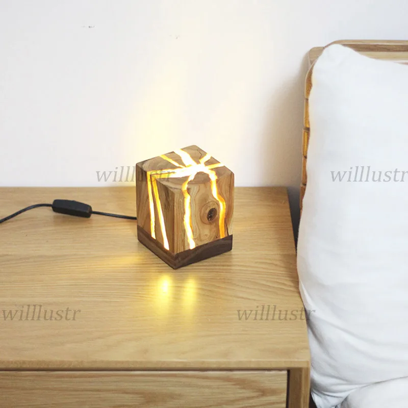 Solid Cracked Wood Table Lamp Modern USB Night Light Hotel Cafe Bar Club Living Room Bedside Minimalist Wooden Desk Lighting