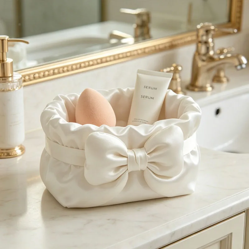 Satin Bow Storage Basket Gentle Pleated Design Home Bathroom Dresser Beauty Egg Skin Care Product Storage Box