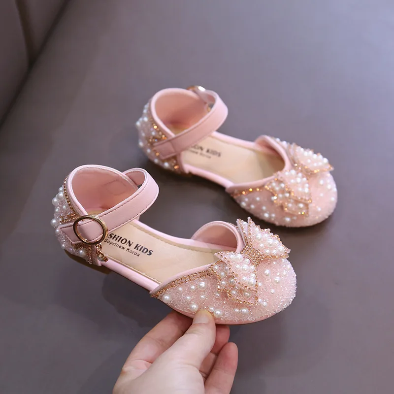 

Girls Sandals Fashion Princess Shoes Spring Summer Bling Pearl Sequins Flat Sandals Simple Children Shoes Party Wedding