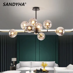 SANDYHA Modern LED Glass Ball Chandelier Luxury Home Decor Molecular Ceiling Lamp Black Gold Iron with 6/8/10 Ball Pendant Light