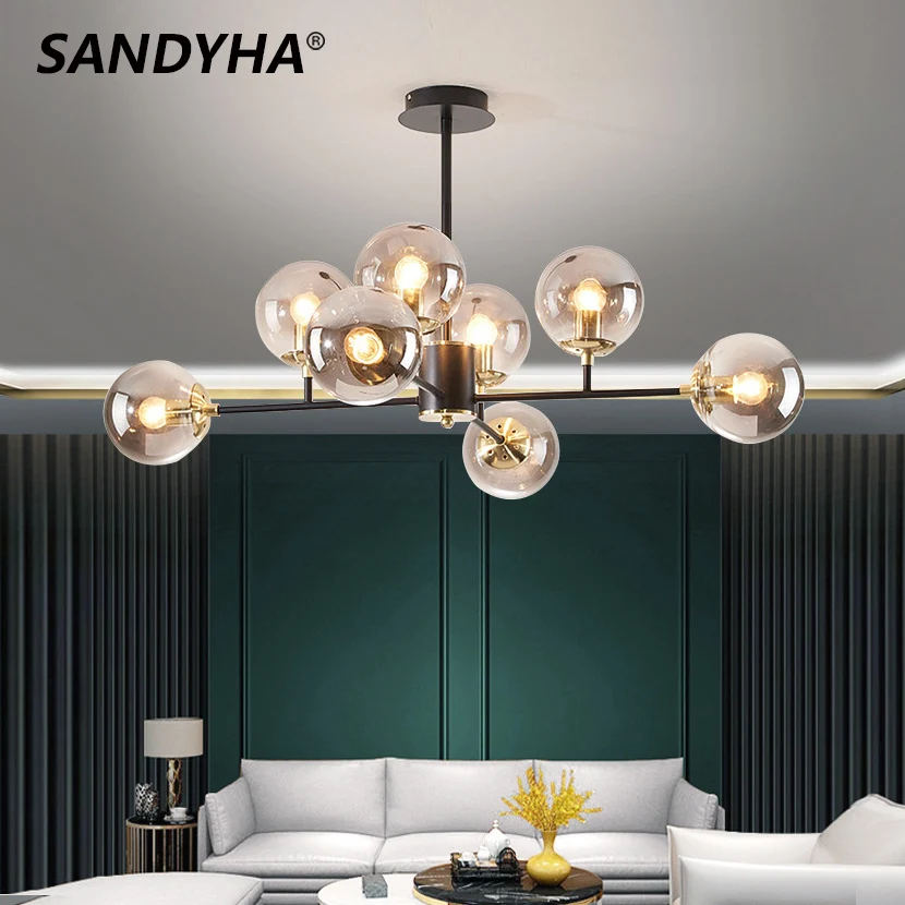 sandyha moderno led bola de vidro lustre decoracao da casa luxo molecular lampada do teto ferro ouro preto com 10 bola pingente luz 01