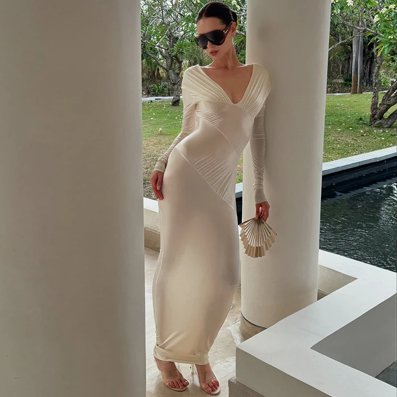 Seksowna europejsko-amerykańska sukienka maxi z dekoltem w serek, długim rękawem, dopasowanym krojem, wysokim stanem i jednolitym kolorem dla kobiet.