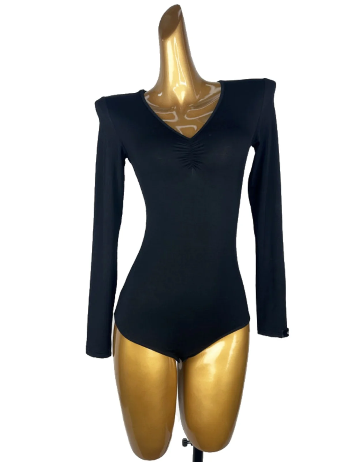 レディース-ラテンダンス-ワンピース-長袖-vネック-折り返し裾-ベースシャツ-体操服-通気性-コットン-秋冬