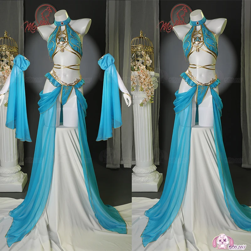 

Anime Blue Princess Derivative Sexy Set Halter Top and Panty with Thigh-High Socks and Gauze Skirt Cosplay Costume