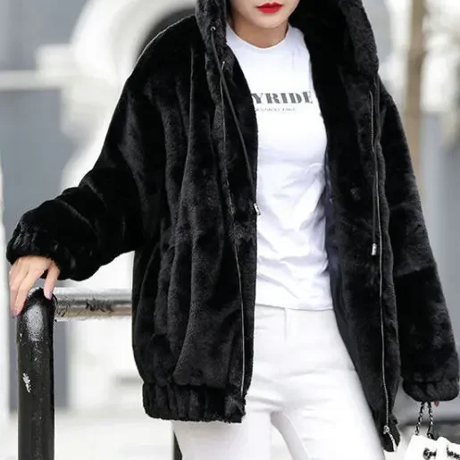 Thickened Fleece Warm Comfortable Hooded Jacket Women's Mid-Length Winter New Style Korean Loose Plush Long Sleeve Coat