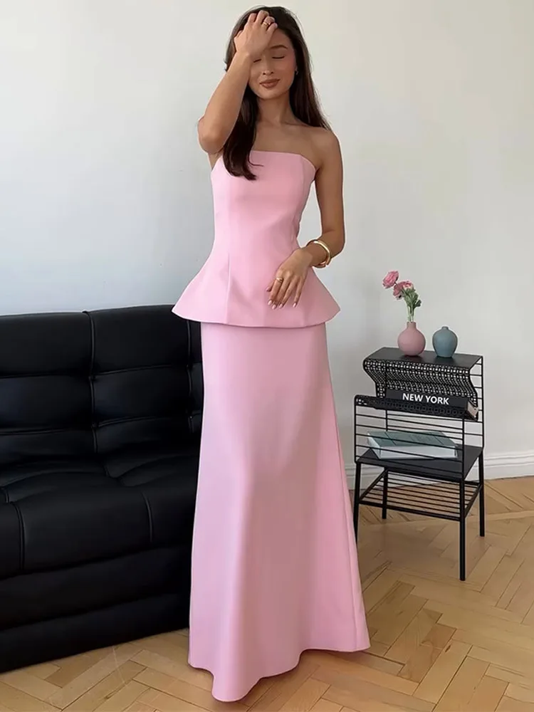 Conjunto de faldas superiores sin tirantes elegantes para mujer, Tops ajustados sin espalda, falda Maxi de cintura alta, trajes sólidos para señora nueva 2025