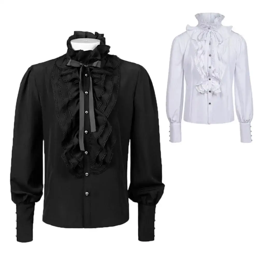 

Mens Steampunk Victorian Pleated Shirt Black White Medieval Top Costume