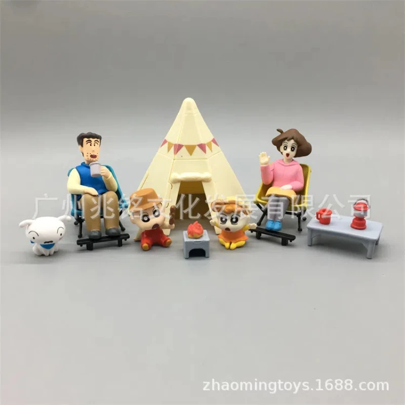 New 6pcs/set Anime Crayon Shin-chan Q Version Camping tent scene Action Figure PVC Mini Model Statue Toys Doll Rement Gifts