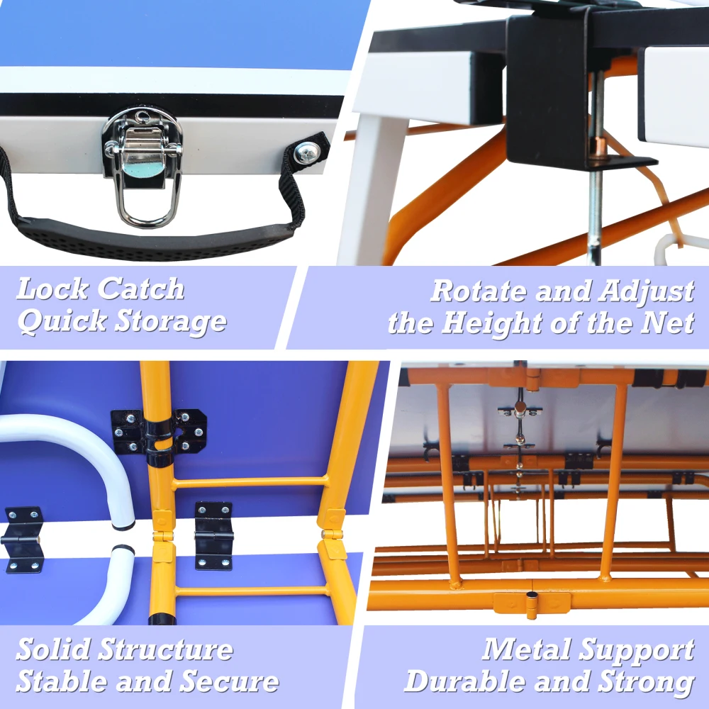 9ft Średniej wielkości stół do tenisa stołowego Składany i przenośny zestaw stołu do ping ponga do gier w pomieszczeniach z siatką, 2 rakietki do tenisa stołowego