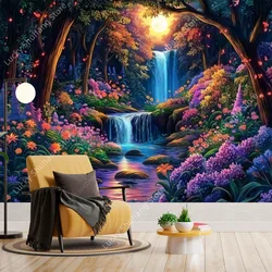 Enchanted Forest Waterfall Tapestry Moonlit Floral Nature Scene Wall Art for Bedroom Living Room Yoga Studio Serene  Home Decor