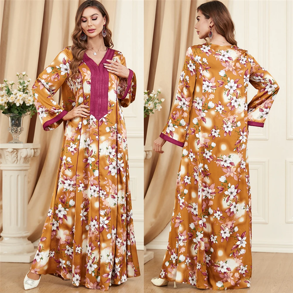 

Floral Print Abayas Women Muslim Maxi Dress Islamic Gulf Jalabiya Moroccan Kaftan Dubai Abaya Turkey Robe Eid Ramadan Djellaba