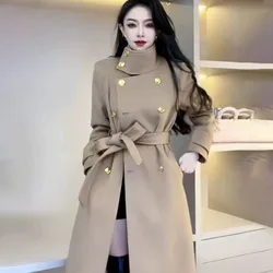 Spring Autumn 2026 New Woolen Windbreaker Jacket Women's Overcoat Loose Double-Breasted Lace-Up Pocket Slim Mid-length Coat