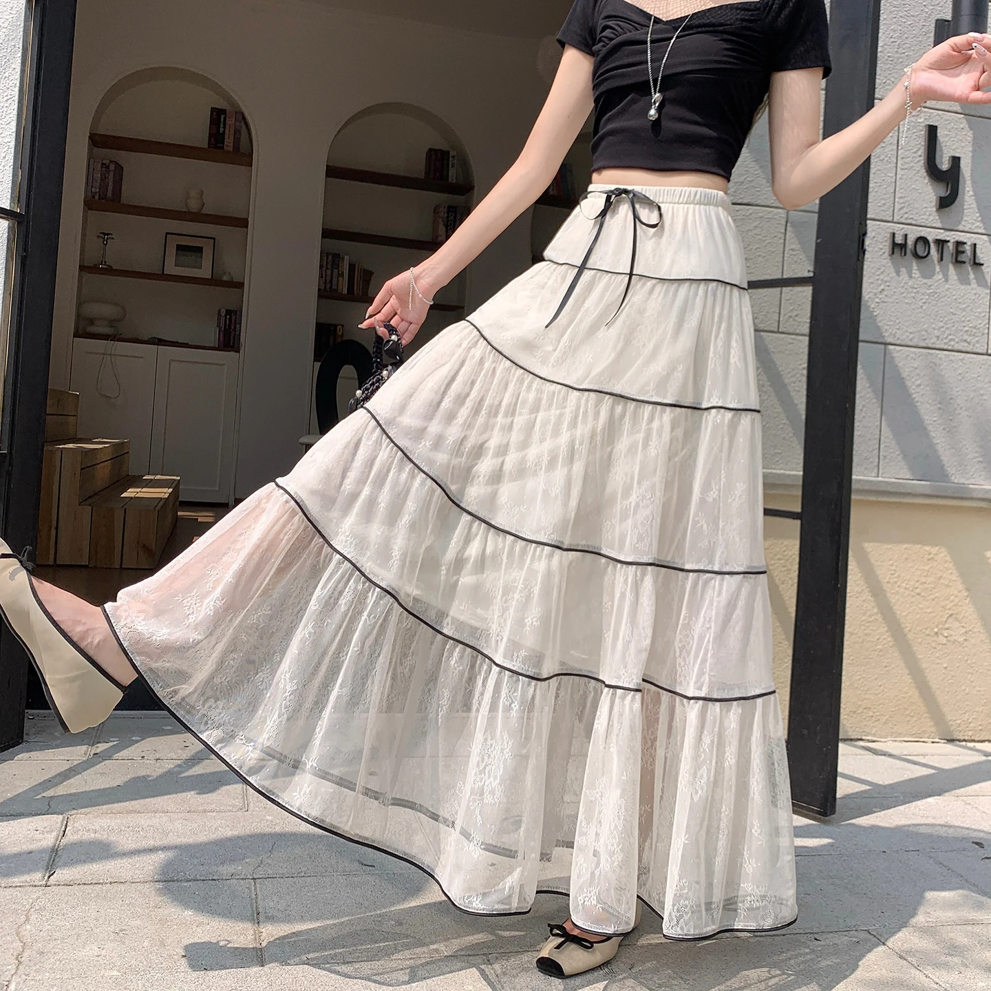 

Женские кружевные сетчатые тюлевые макси-юбки, элегантная длинная юбка А-силуэта с поясом-бантом, многослойным оборчатым подолом для повседневной носки или праздников