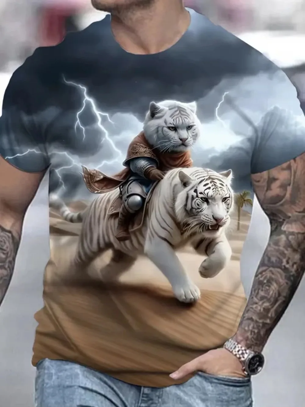 Fun and cute cat pattern summer 3D printed large-sized men's T-shirt loose and casual suitable for daily wear
