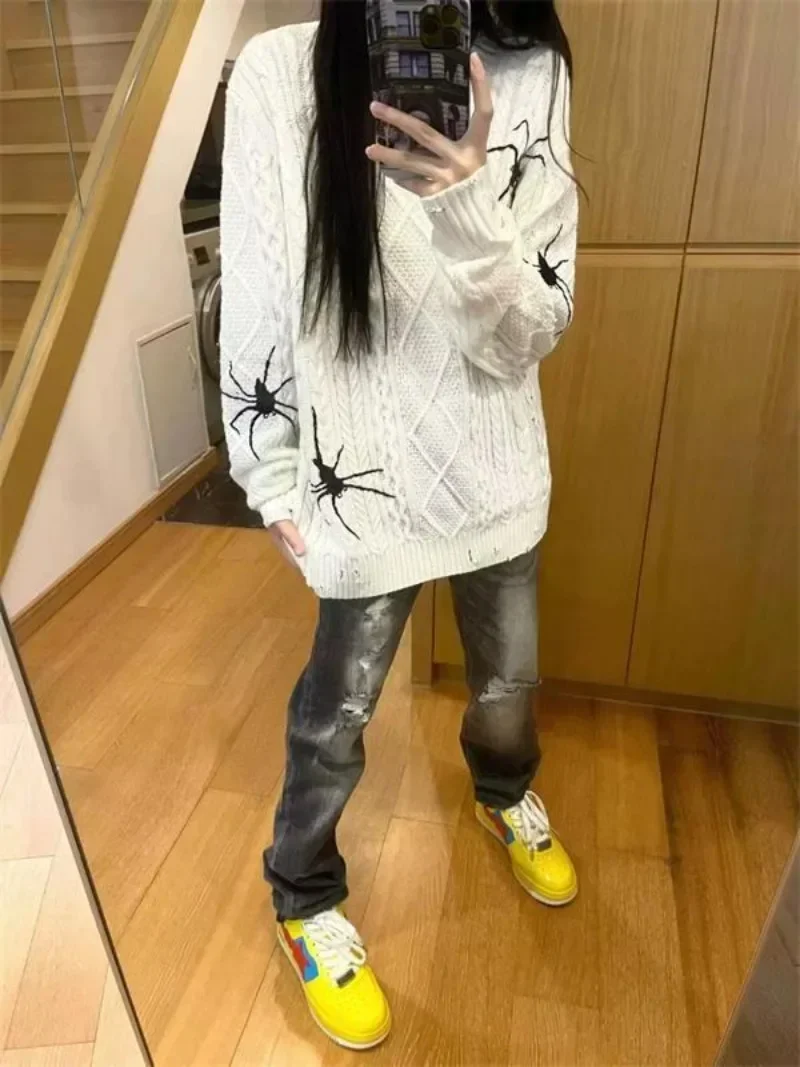 Spider Print O-Neck Long Sleeve Knitted Vintage Sweaters Women American Oversize Sueter Mujer Hiphop Grunge Pullovers Y2k