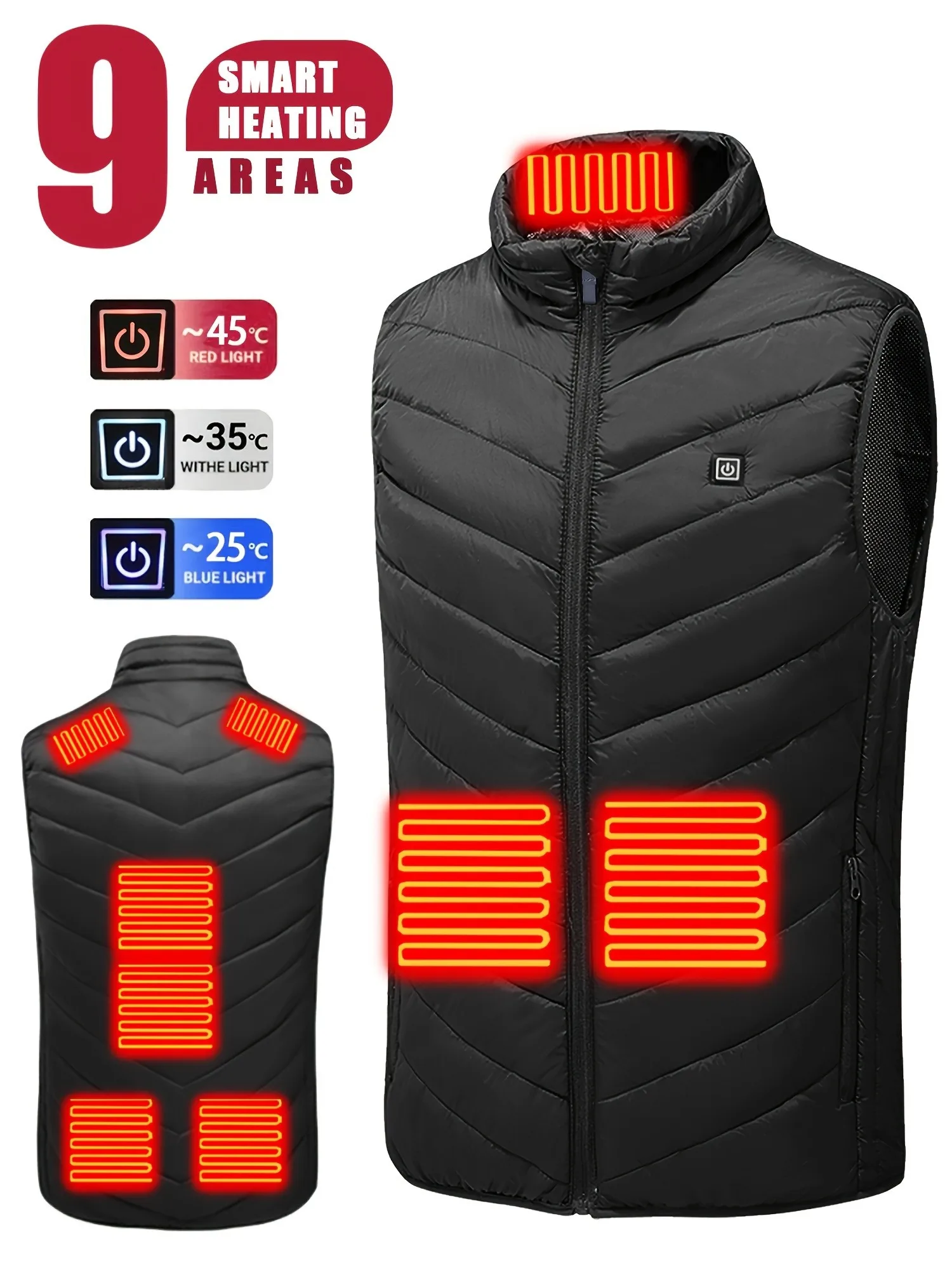 Men\'s 9 Heating Areas Smart Electric Heated Vest, Washable Rechargeable With Dual Controls, 3 Heat Levels, Outdoor Vest For Wint