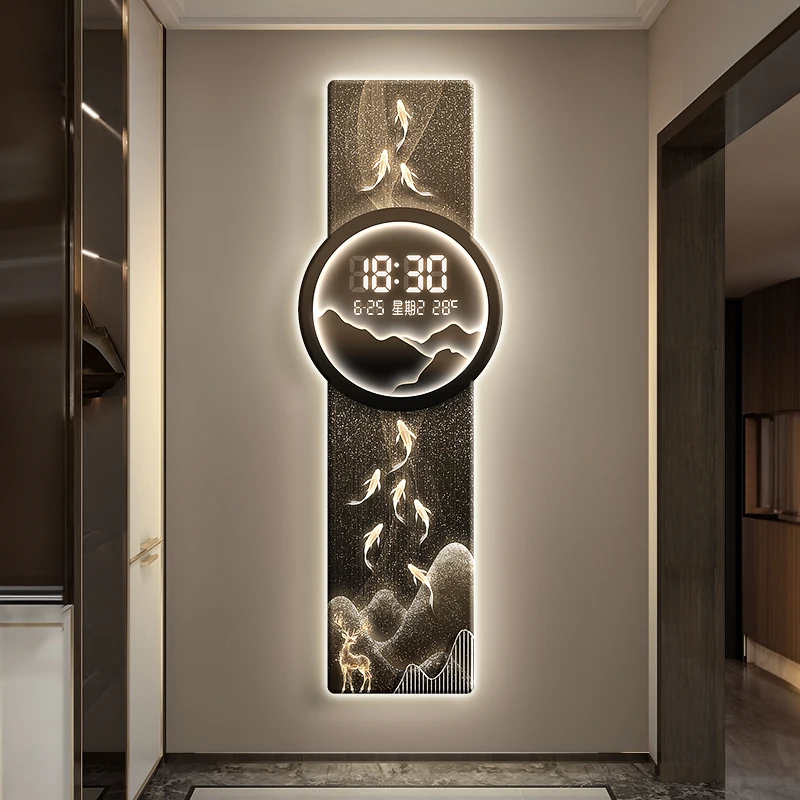 Nine Fish Picture Living Room Electronic Clock Decoration Pendant Landscape Entrance Background Wall Light Hanging Painting