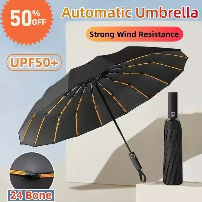 16 Bones Fully Automatic Folding Umbrella, Large UV‑Protection Sun Parasol, Windproof Rain‑Sun Dual‑Use Portable Travel Umbrella