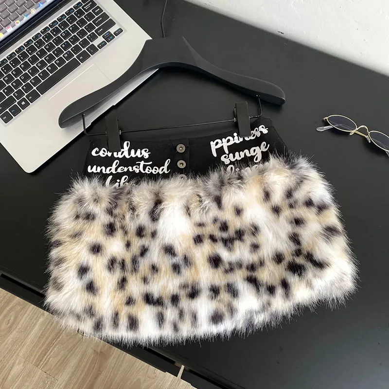 

Leopard Furry Y2K Skirt Women Zipper Design Streetwear Hotsweet Spicy Girl Ins Splice Letter Print A-line Mini Skirt