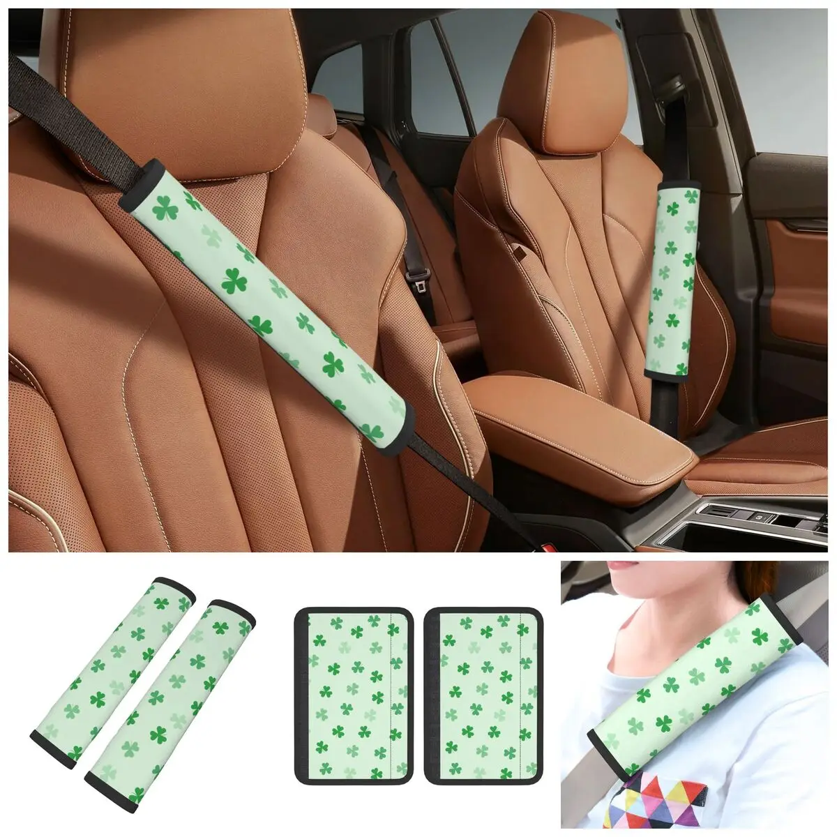 Car Saint Patricks Day Four Leaf Clover Seat Belt Cover Comfort Seat Belt Pads Cover for Cars Backpack