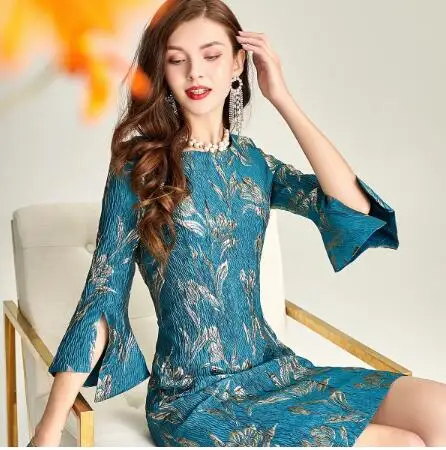 Blue Green Mother of the Bride Dress 3/4 Sleeves Knee Length Golden Jacquard Fashion Women Wedding Guest Party Evening Gown 2021