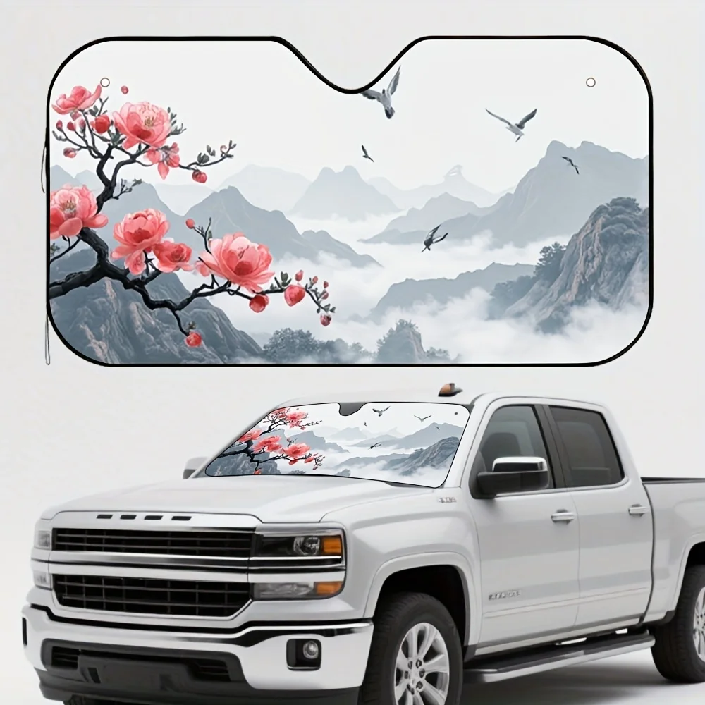 

1pc Serene Ink Panorama Car Sun Visor - Easy Install, Reduces Sunlight Glare, Features Scenic Mountain & Cherry Blossom Design,