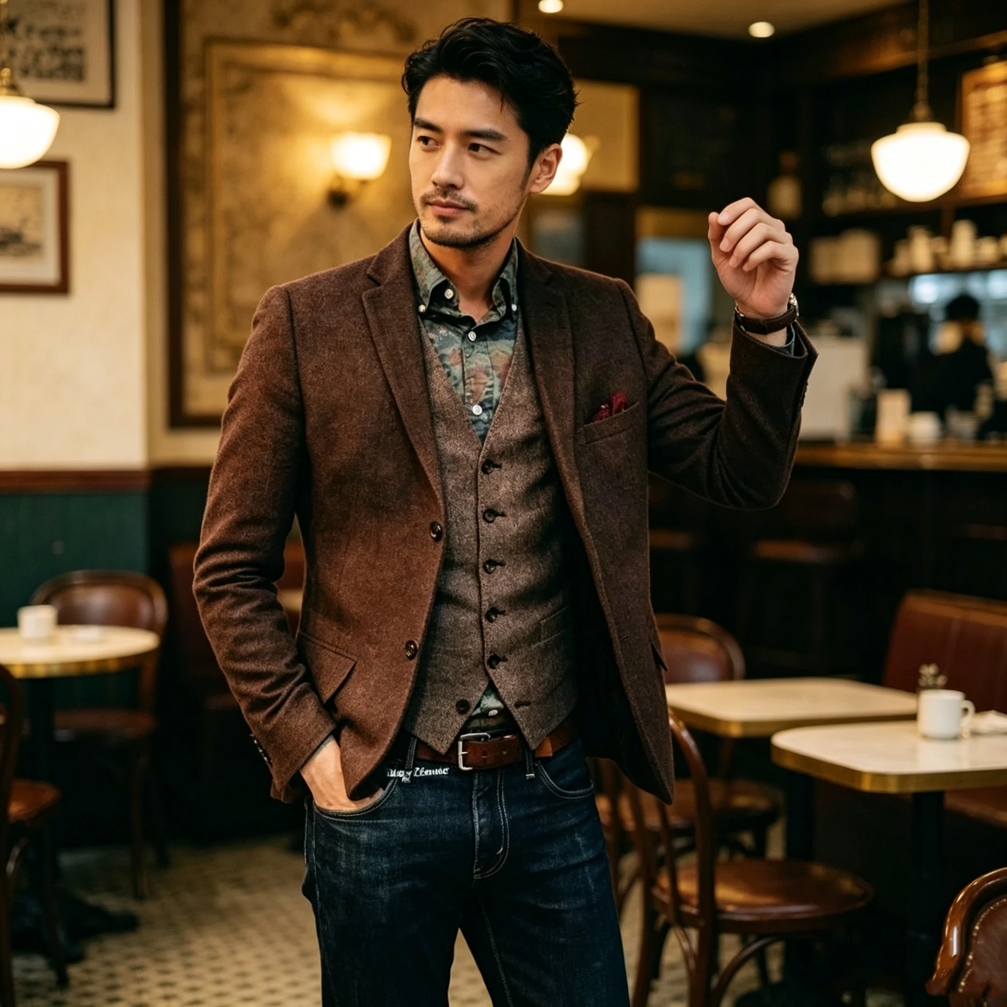 

Brown Men's Blazer Herringbone Single Breasted Casual Man Suit Jackets Coat Men's Stage Clothing Mem Clothes Tops for Winter