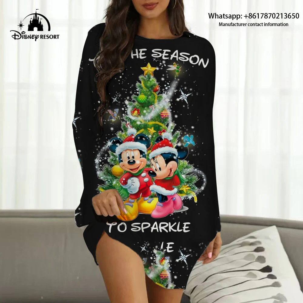 2022 New Disney Brand Mickey and Minnie Anime Print Christmas Fall Ladies Sexy Party Club Dress Women Boho Homewear