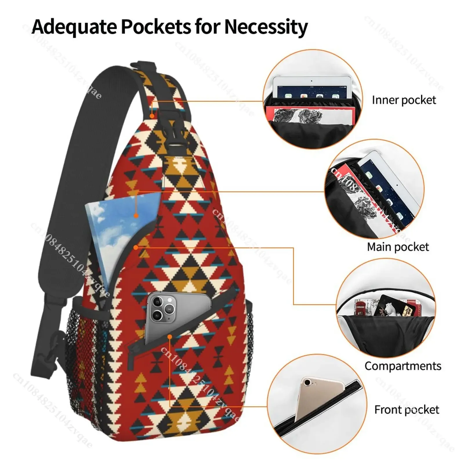 Indian Aztec Navajo Sling Bag Crossbody Backpack,Tribal Seamless Colorful Geometric Pattern Ethnic Chest Bag Adjustable Backpack