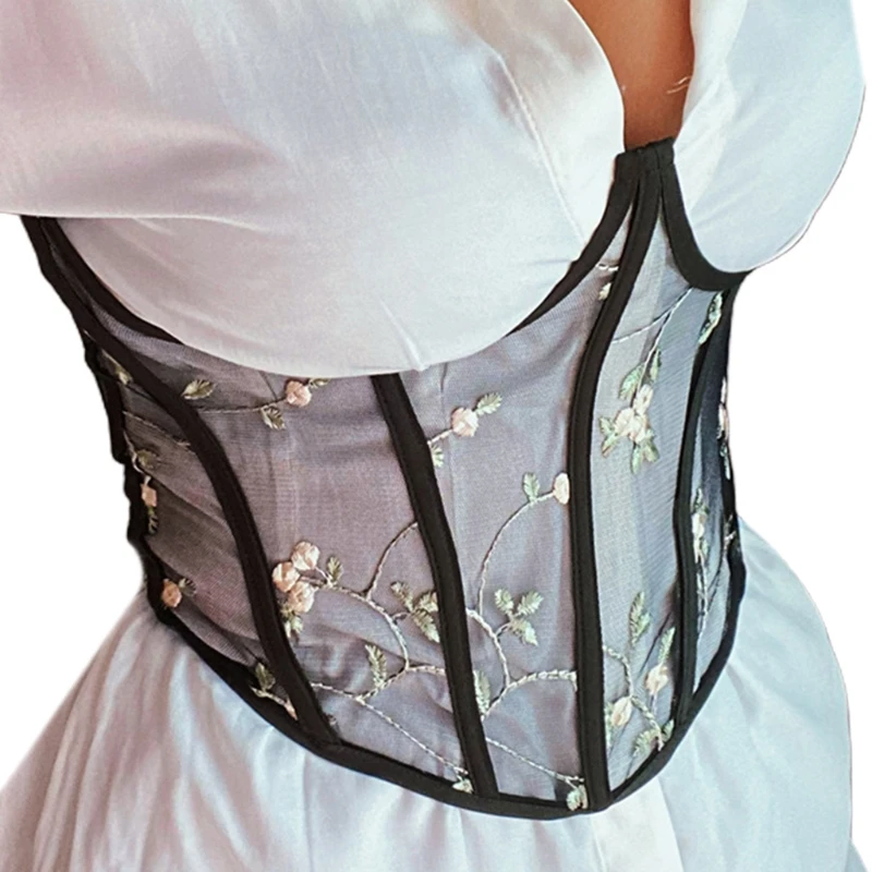 Women\'s Lace Up Hollow BustiersTops Curve Shaper Embroidery Corsets Chest Support with Flower for Summer