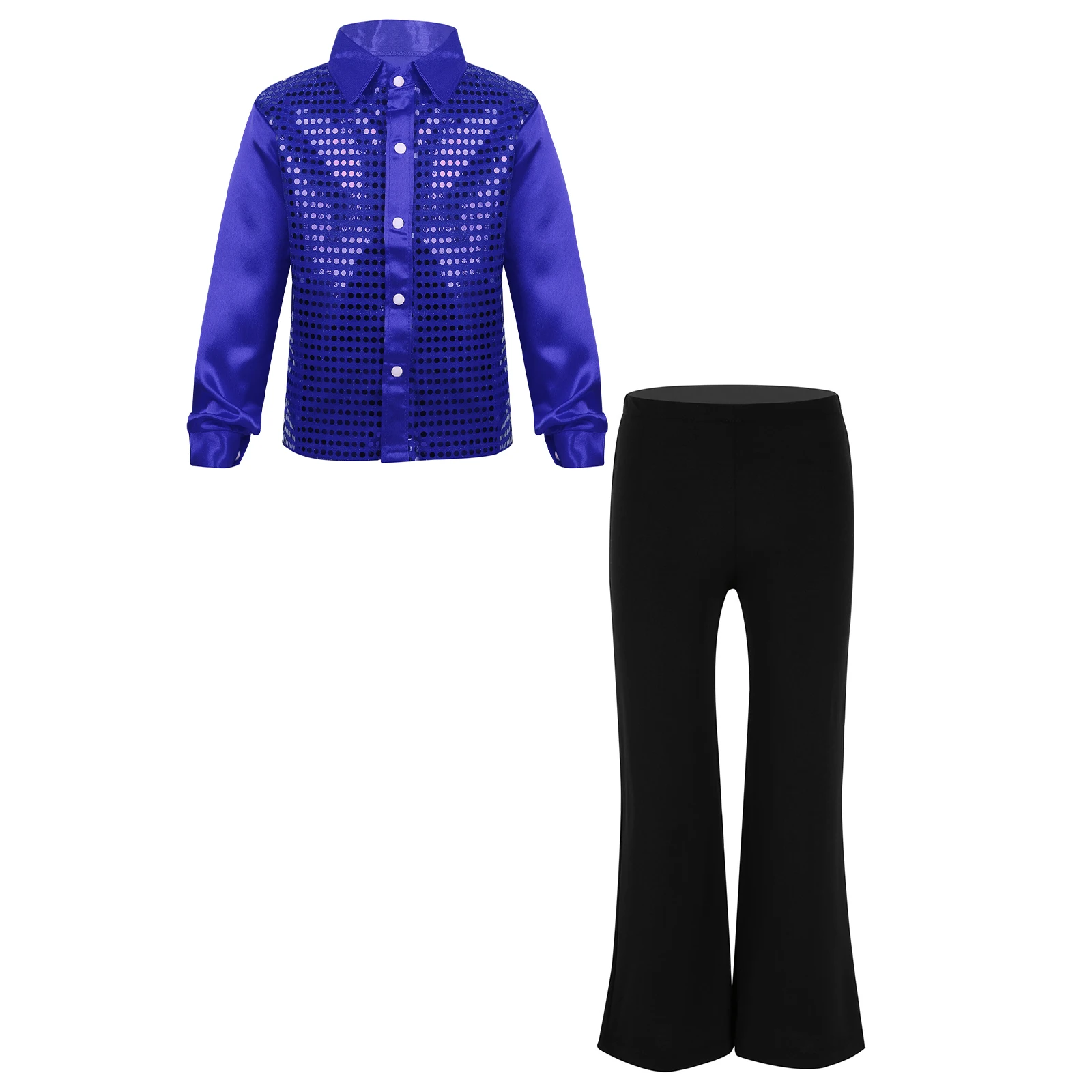 Kids Boys Long Sleeve Button-Down Sequined Shirt with Pants Jazz Dance Costumes Dancewear Sets for Stage Performance Clothes