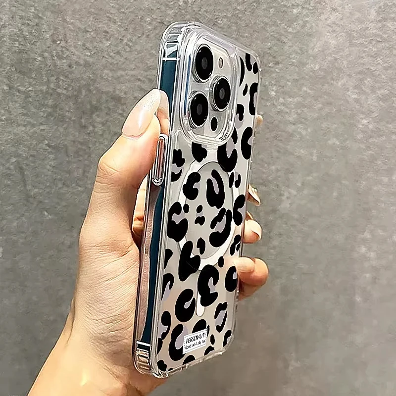 Etui z nadrukiem leoparda, przezroczyste, z obsługą ładowania bezprzewodowego MagSafe, do Samsung Galaxy S25 S24 S23 S22 Ultra Plus S21 FE, luksusowe, przezroczyste.