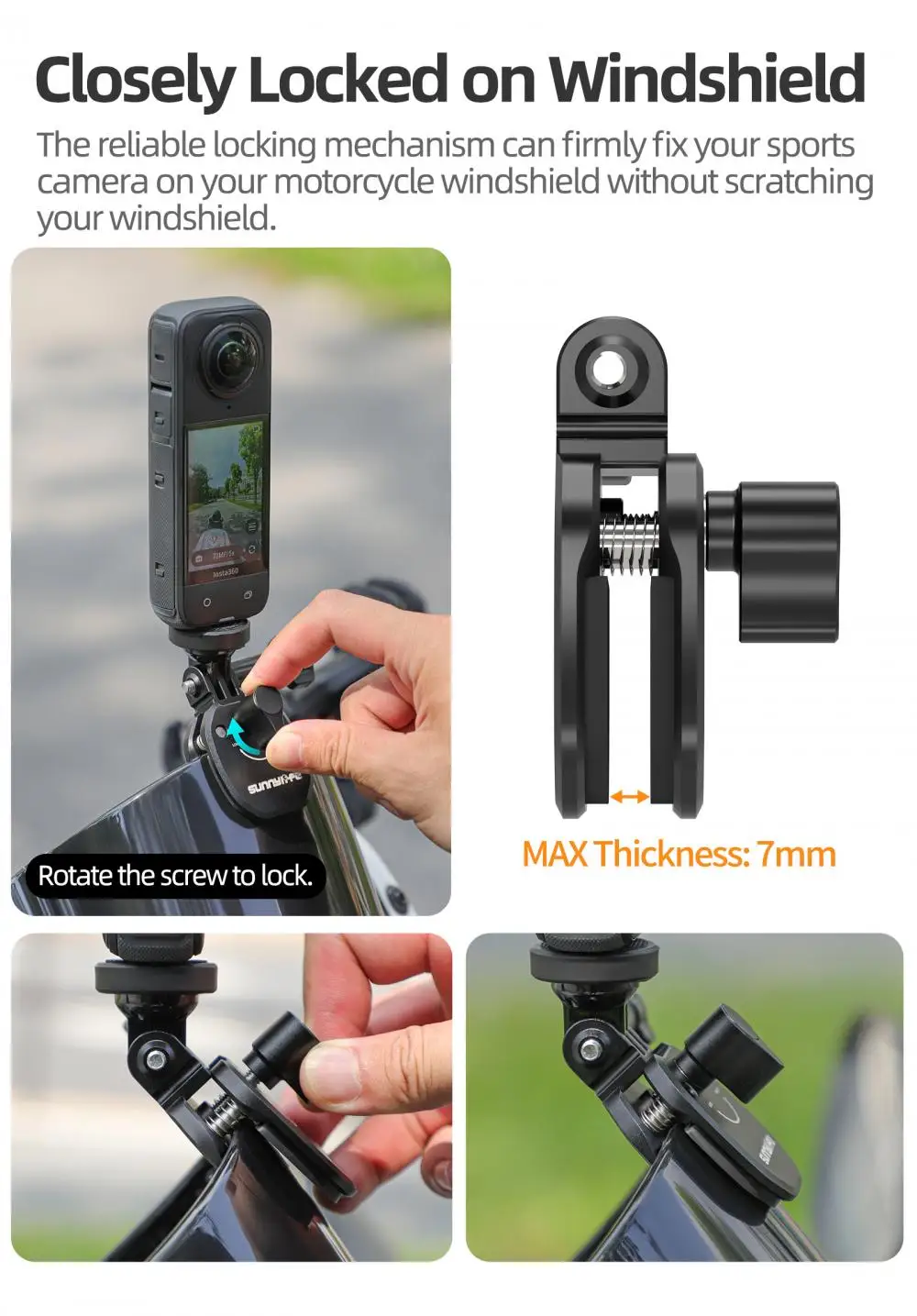 Motorcycle Windshield Clip for DJI Osmo 360/Action 5 Pro/GoPro/Pocket 3 Aluminum Alloy Mount for Insta360 X5/Go 3S Accessories