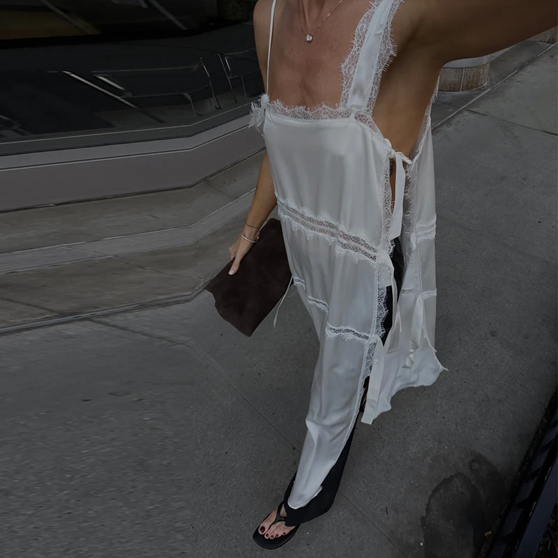 Neues Damen-Maxikleid mit lockerer Spitze, Sommer-Bootsausschnitt, seitlicher Schnürung, dicken Trägern, einfarbig, Strandkleid für Damen 2026 – Detail 4