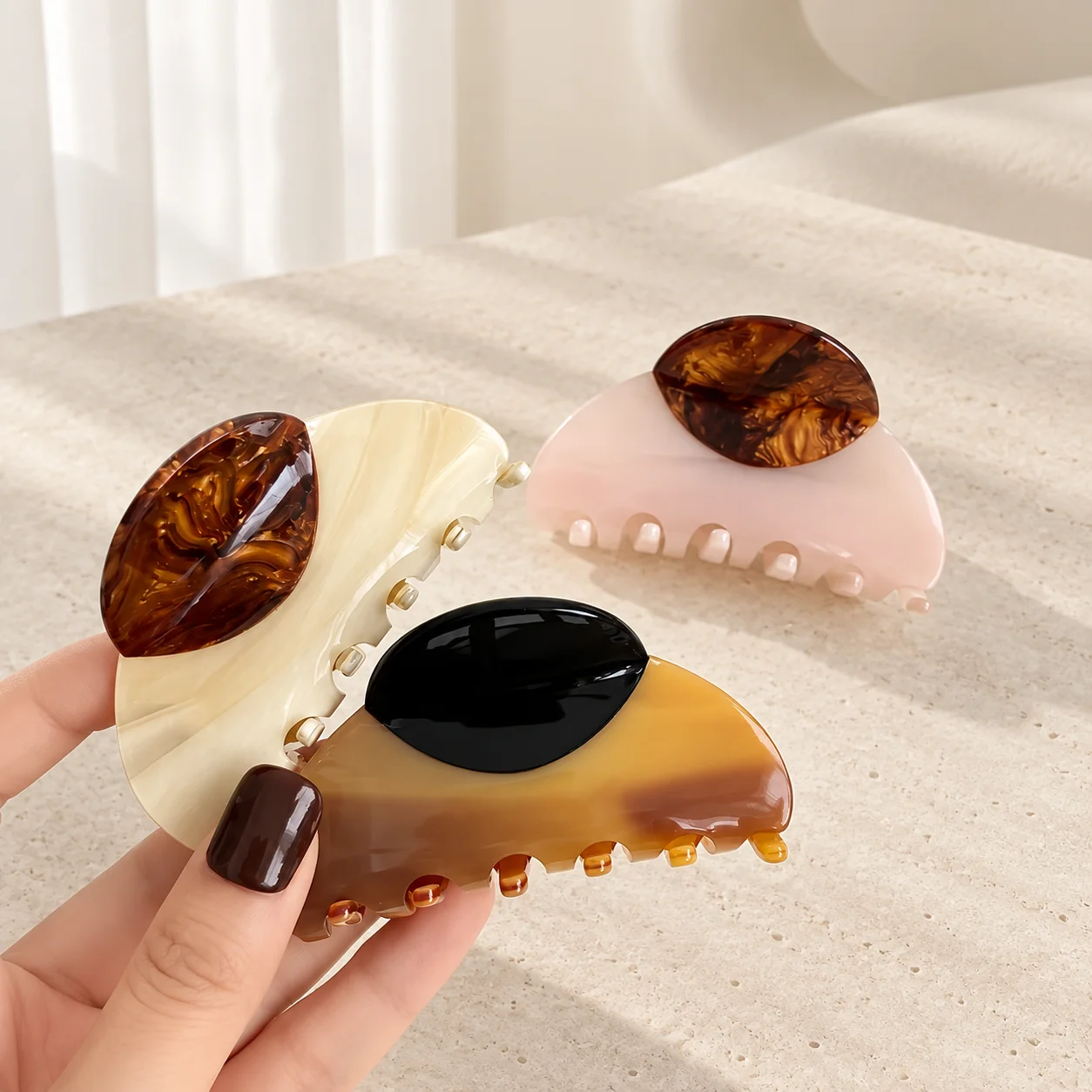 7.5cm Acetate Hair Claw Clips French Vintage Geometric Oval Tortoise Shell Marble Strong Hold Jaw Clips Women's Hair Accessories image 6