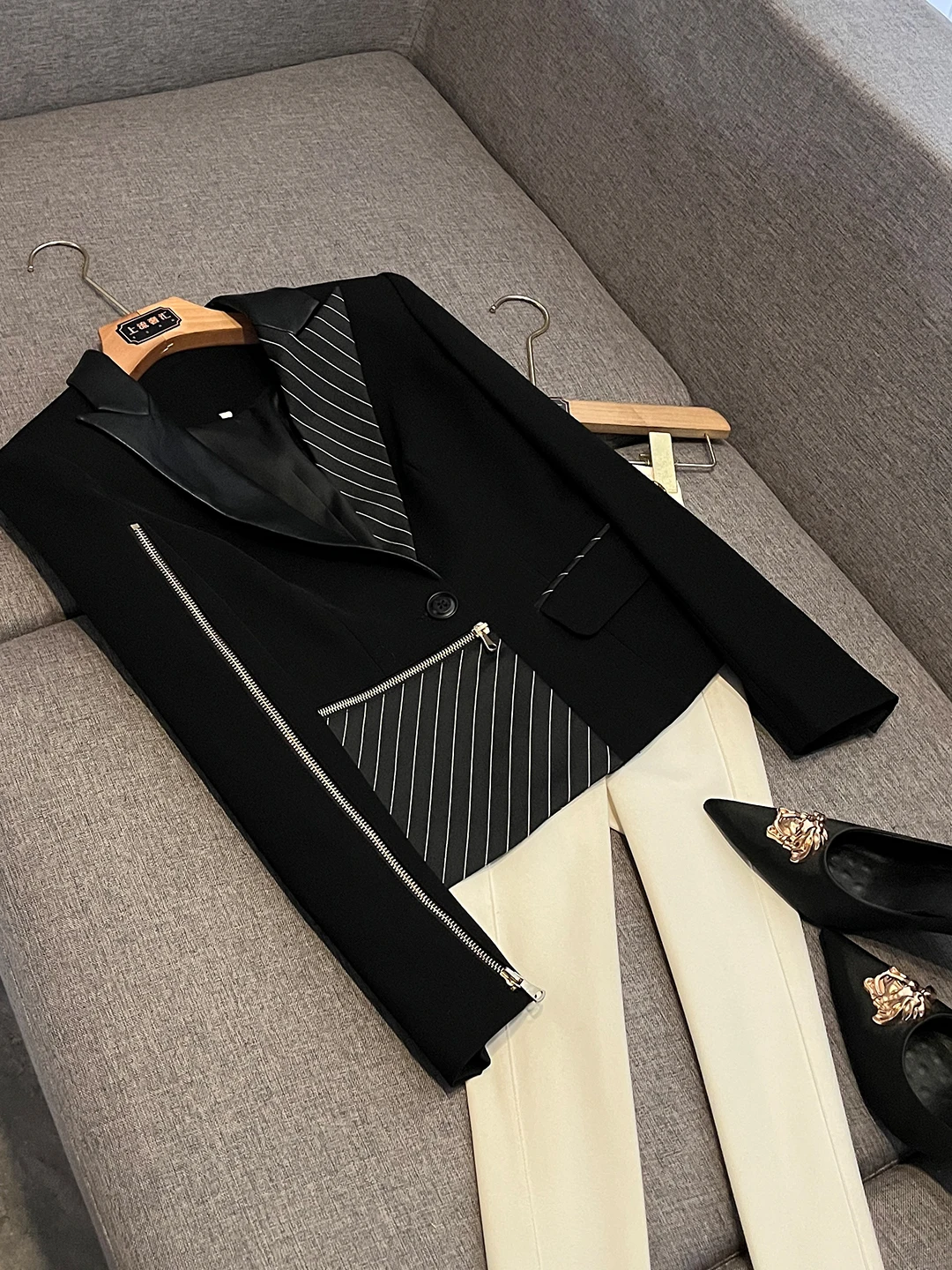 

Ele Faion Color Blo Striped Suit Women's Metal Zipper Decoration Slimming Jaet Briti Sle V-ne Long Sve