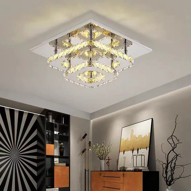 

2 Layer Square Clear/Amber Crystal Ceiling Lamp 30*30CM-36W LED Living Room Passage Stainless Steel Lustre Light