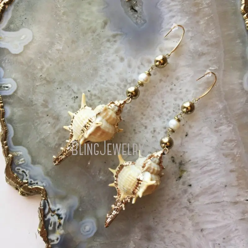 ER45533 Golden Murex Seashell And Genuine Pearls Stone Oversized Dangle Statement Mermaid Beach Boho Drop Earrings 