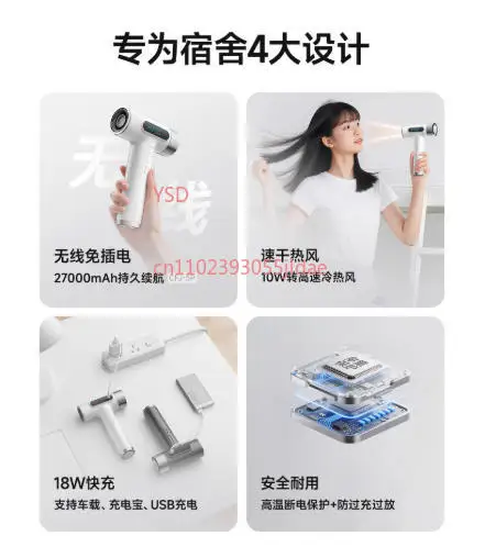 USB-Rechargeable Cordless Hair Dryer 15600mAh - 100-Speed Stepless Wind, Hot/Cold Air