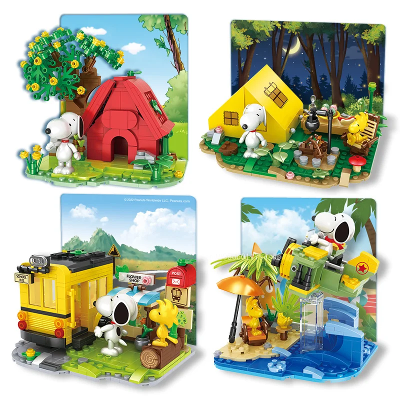Snoopy Scena Building Blocks Set di cartoni animati per bambini Costruzione Casa rossa Campeggio Scuolabus Building Blocks Giocattolo Regalo a sorpresa