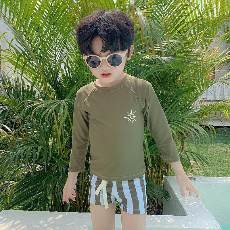 Boys Long Sleeve separates Swimsuit Swimming Cap Set Army Green Sun