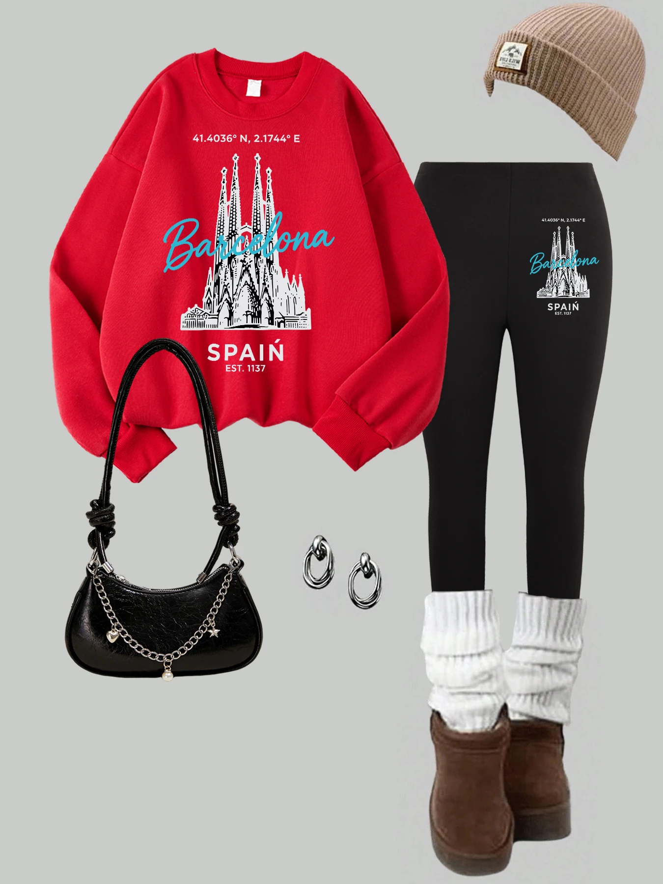 

Barcelona Spain Cool Building Print Women Sweatshirt Set Fleece Autumn Pants O-Neck Casual Pullovers Warm Thicken Woman Leggings