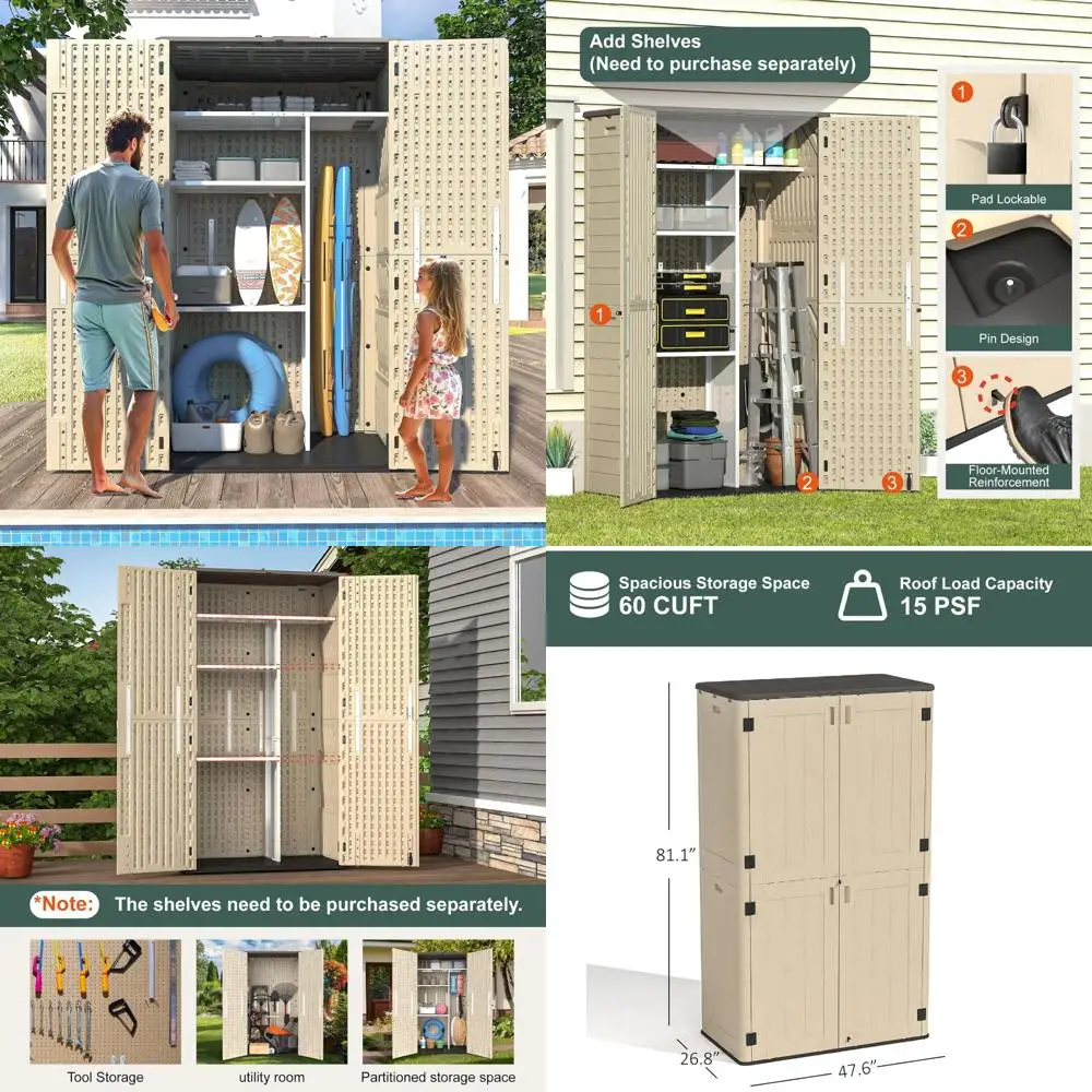 

Waterproof All-Weather Resin Outdoor Storage Shed with Lockable Floor, 60 Cu.Ft Vertical Cabinet, Ideal for Backyard Use