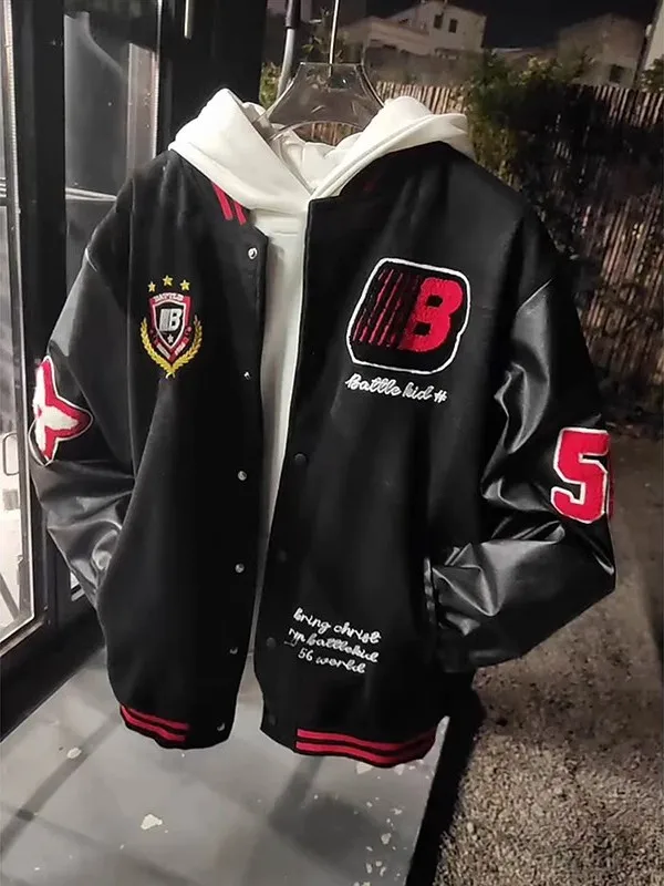 

American High Street Patchwork Color Blo Cotton Jaet Men's Autumn Winter Loose Letter Embroidery Casual Outerwear