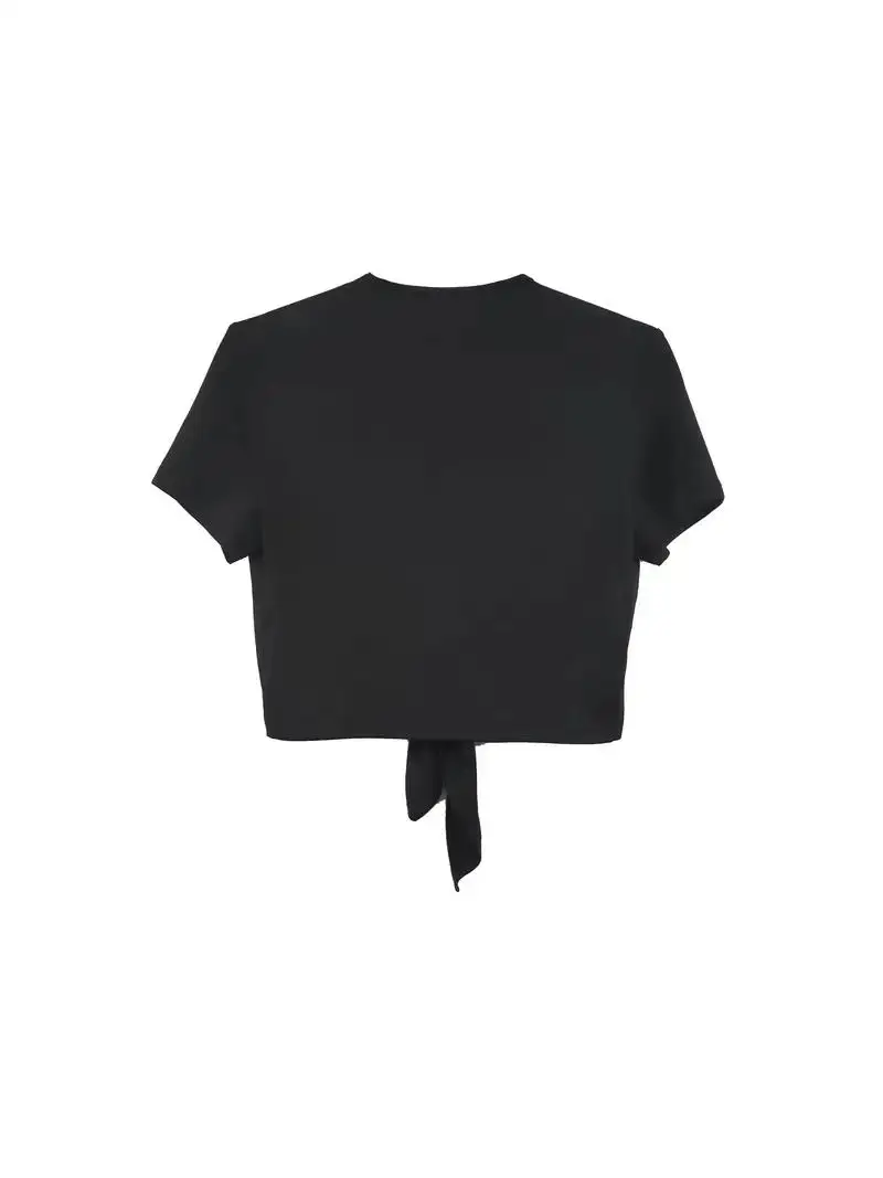 Chic Plunging Neckline Crop T-Shirt - Tie-Front Design - Short Sleeve, Casual Spring/Summer Wear for Women